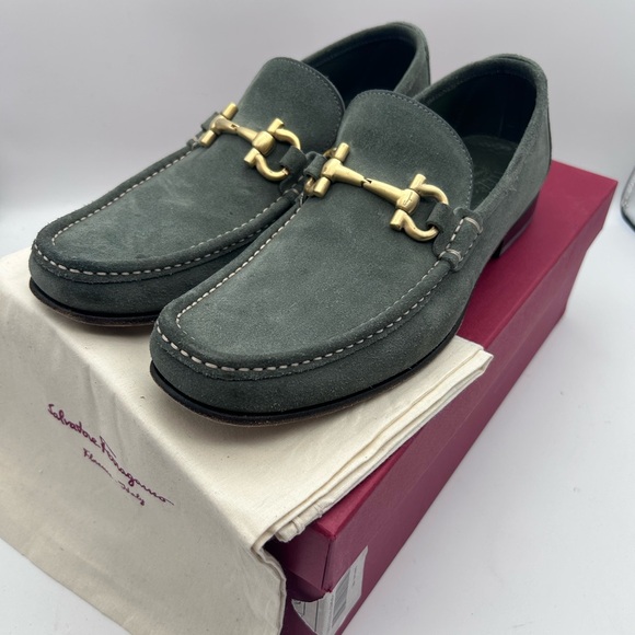 Salvatore Ferragamo Other - Salvatore Ferragamo Gancini Bit Loafers Men's US 9 D Green Suede Leather Gold